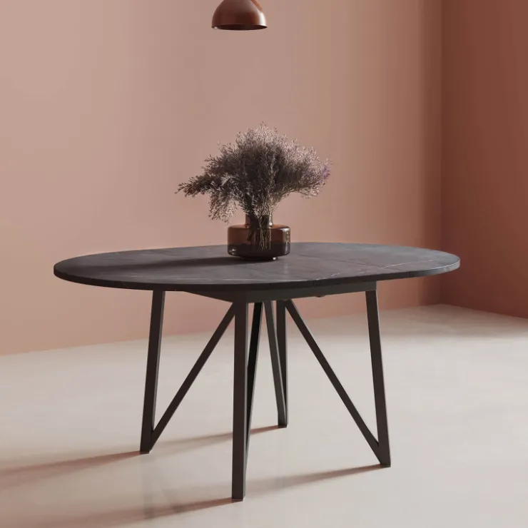 Perfecta Table De Salle à Manger*Clair de Lune Table ronde extensible en stratifié imitation marbre avec pieds en métal anthracite