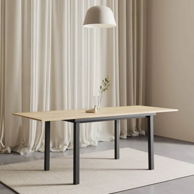 Perfecta Table De Cuisine*Valentina Table de cuisine extensible en mélaminé chêne naturel avec pieds en métal noir